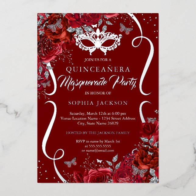 Invitation En Aluminium Mascarade florale en argent rouge Quinceanera (Recto)