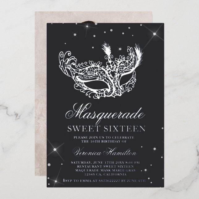 Invitation En Aluminium Mascarade gris argent masque parties scintillant S (Recto/Verso)