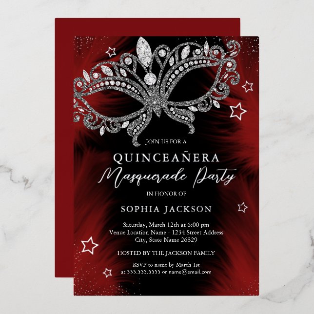 Invitation En Aluminium Mascarade noire en argent rouge Star Quinceanera (Recto/Verso)