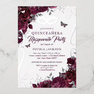 Invitation En Aluminium Mascarade Papillon Argent Bourgogne Quinceanera