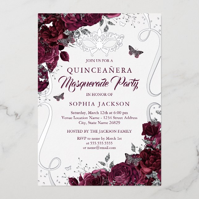 Invitation En Aluminium Mascarade Papillon Argent Bourgogne Quinceanera (Recto)