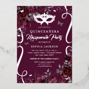 Invitation En Aluminium Mascarade Papillon Bourgogne Silver Quinceanera