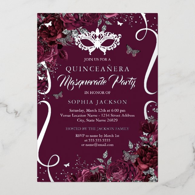 Invitation En Aluminium Mascarade Papillon Bourgogne Silver Quinceanera (Recto)