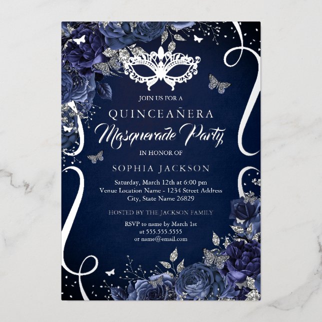 Invitation En Aluminium Mascarade papillon marine Quinceanera en argent (Recto)