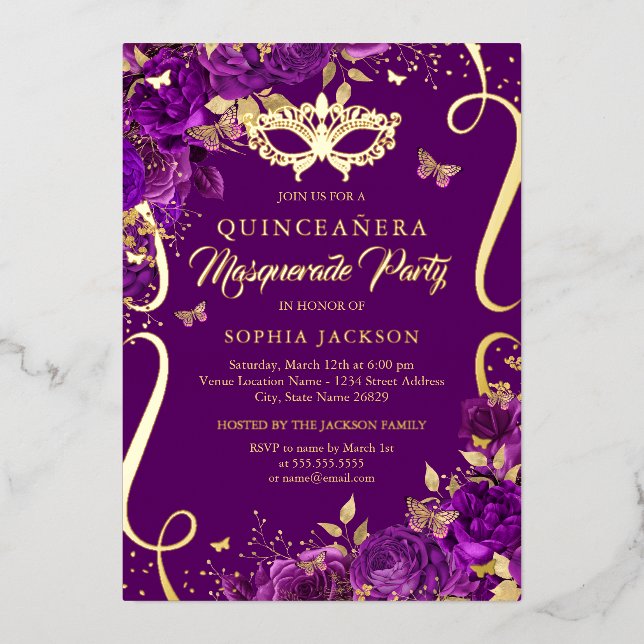 Invitation En Aluminium Mascarade Papillon pourpre Quinceanera (Recto)