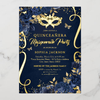 Invitation En Aluminium Mascarade papillon Royal Navy Quinceanera