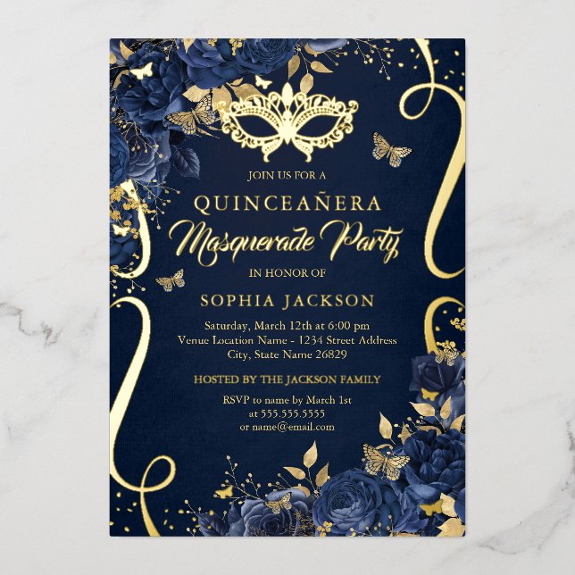 Invitation En Aluminium Mascarade papillon Royal Navy Quinceanera (Recto)