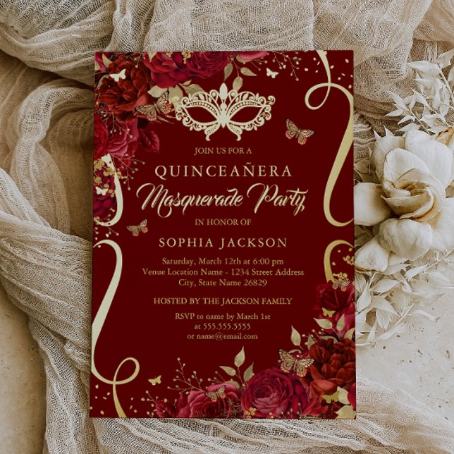 Invitation En Aluminium Mascarade Papillon Royal Rouge Quinceanera (Créateur téléchargé)