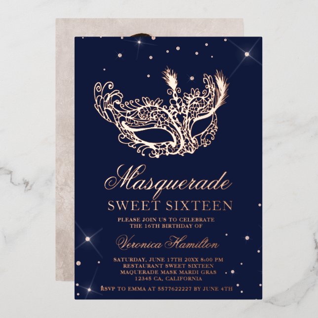 Invitation En Aluminium Mascarade rose or masque parties scintillant  Swee (Recto/Verso)