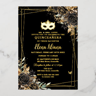 Invitation En Aluminium Masque de bal masqué noir et or Quinceañera