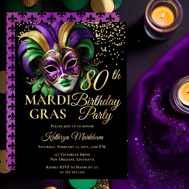 Invitation En Aluminium Masque de Mascarade Fête d'anniversaire 80 ans (Elegant Purple Green Gold Tone Masquerade Mask Mardi Gras 80th Birthday Party Gold Foil Invitation )