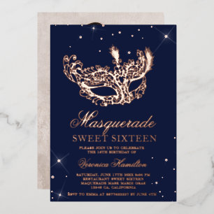 Invitation En Aluminium Masque de masquerade rose gold pailleté Sweet 16 p