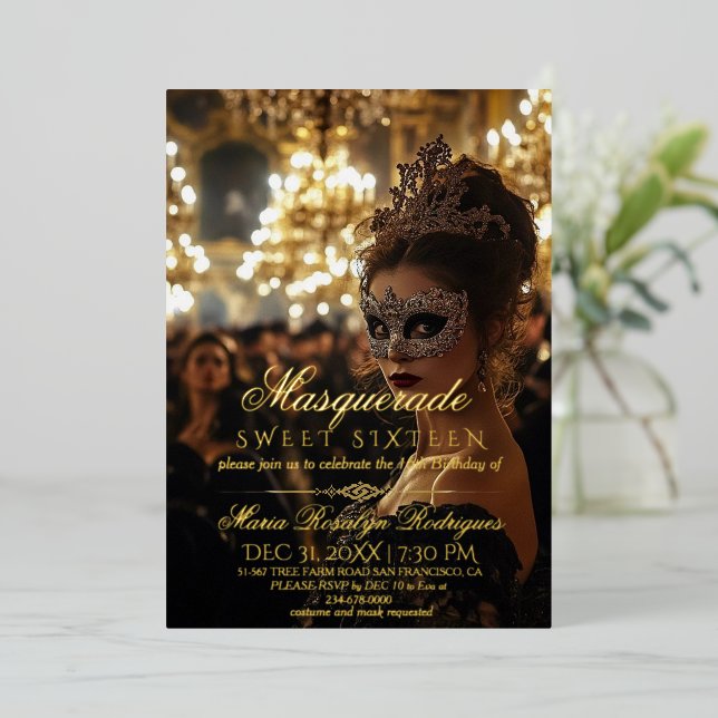 Invitation En Aluminium Masquerade Chic Gold Photo Quinceanera (Debout devant)