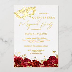 Invitation En Aluminium Masquerade de Masque Parti Rouge Or Rose Quinceane