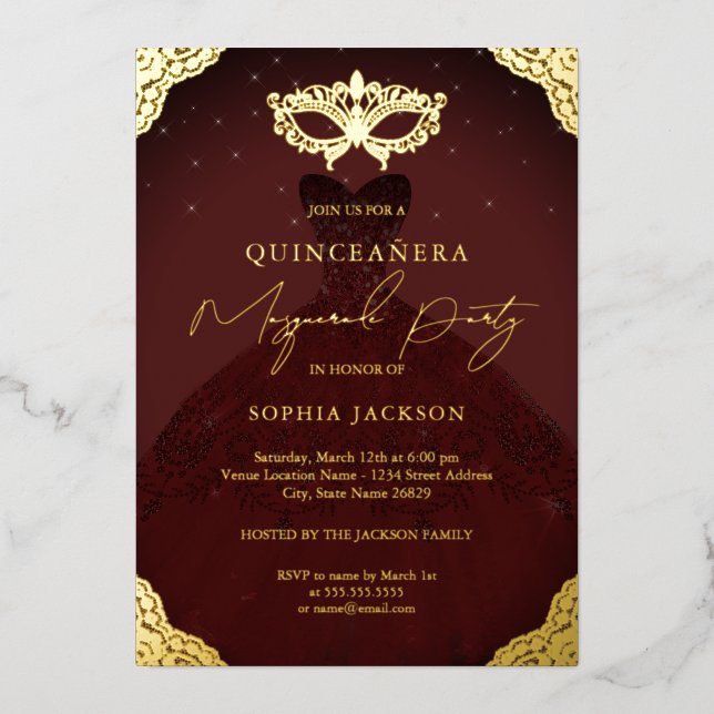 Invitation En Aluminium Masquerade fête Bourgogne robe Quinceanera (Recto)
