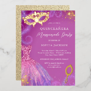 Invitation En Aluminium Masquerade fête rose violet robe Quinceanera