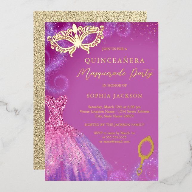 Invitation En Aluminium Masquerade fête rose violet robe Quinceanera (Recto/Verso)