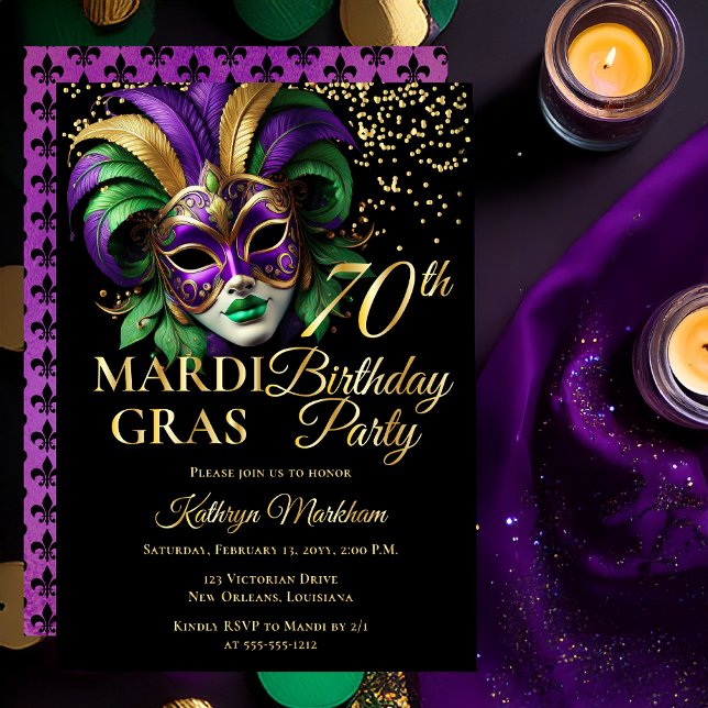 Invitation En Aluminium Masquerade Mask Mardi Gras 70th Birthday Party (Elegant Purple Green Gold Tone Masquerade Mask Mardi Gras 70th Birthday Party Gold Foil Invitation )