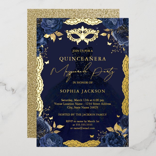 Invitation En Aluminium Masquerade Party Marine Floral robe Quinceanera (Recto/Verso)