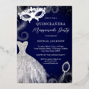 Invitation En Aluminium Masquerade Party Marine Robe en argent Quinceanera