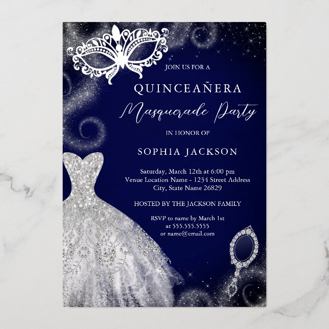 Invitation En Aluminium Masquerade Party Marine Robe en argent Quinceanera (Recto)