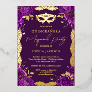 Invitation En Aluminium Masquerade Party Purple Floral dentelle Quinceaner