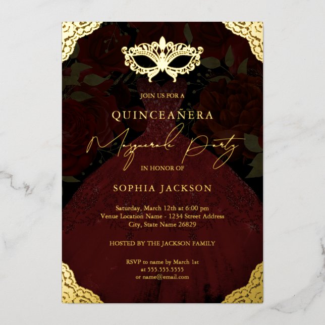 Invitation En Aluminium Masquerade Party Rouge or Masque Robe Quinceanera (Recto)