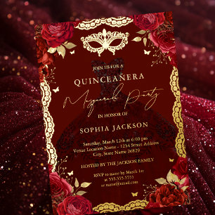 Invitation En Aluminium Masquerade Party Rouge or Rose Gown Quinceanera