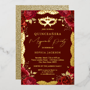 Invitation En Aluminium Masquerade Party Rouge or Rose Lace Quinceanera