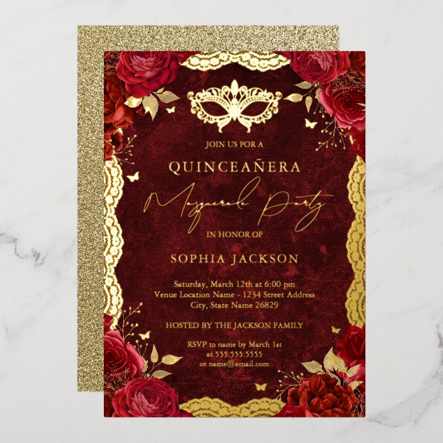 Invitation En Aluminium Masquerade Party Rouge Rose dentelle Quinceanera (Recto/Verso)