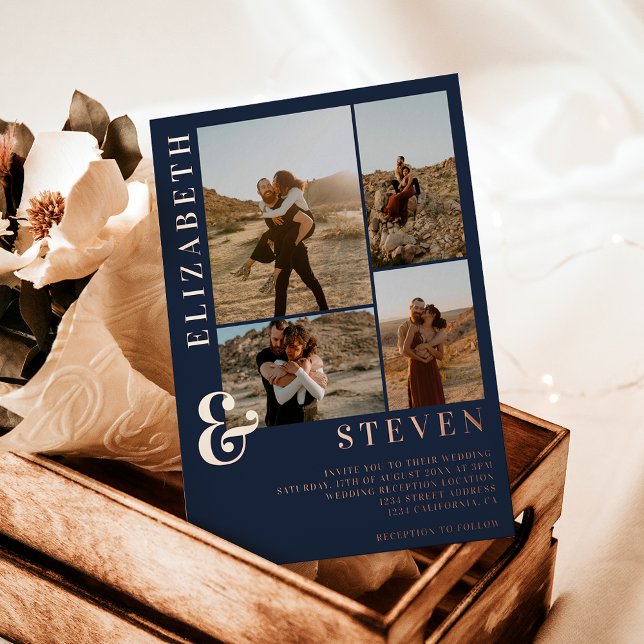 Invitation En Aluminium Matrice bleue marine 4 mariage de grille photo (Navy blue ampersand 4 photo grid wedding foil invitation)