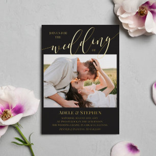 Invitation En Aluminium Matte Black Gold Script Photo Mariage double face