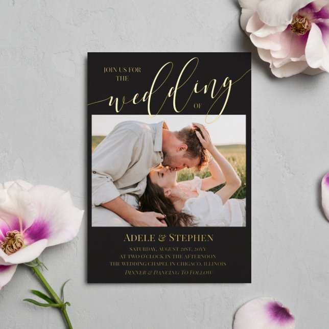 Invitation En Aluminium Matte Black Gold Script Photo Mariage double face (Créateur téléchargé)