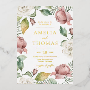 Invitation En Aluminium Mauve rose et blanc Roses Floral Mariage Wreath