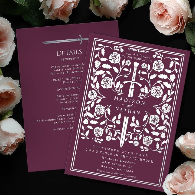 Invitation En Aluminium Mauve Royal Medieval Silver Sword Wedding Details (Créateur téléchargé)