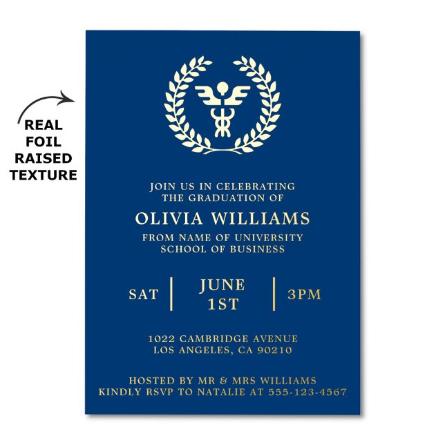 Invitation En Aluminium MBA Business Grad Navy Gold Graduation Party (MBA graduation party invitation with real foil raised texture)