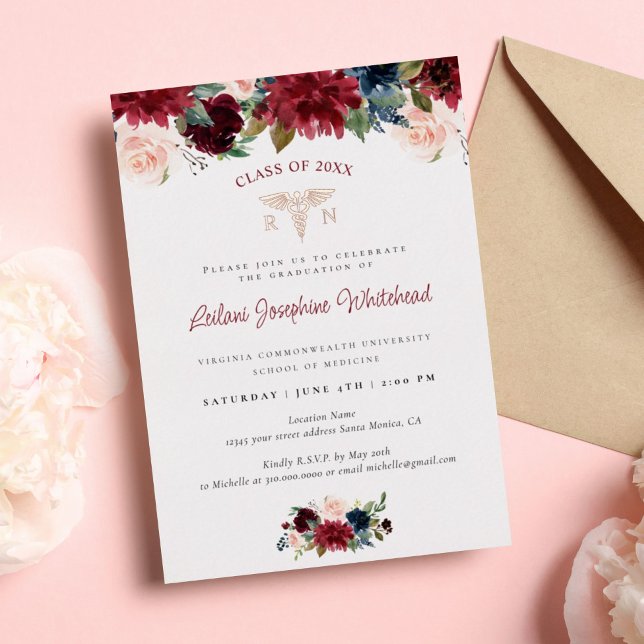 Invitation En Aluminium Médicale Marsala Bourgogne Floral Graduation Party (Créateur téléchargé)