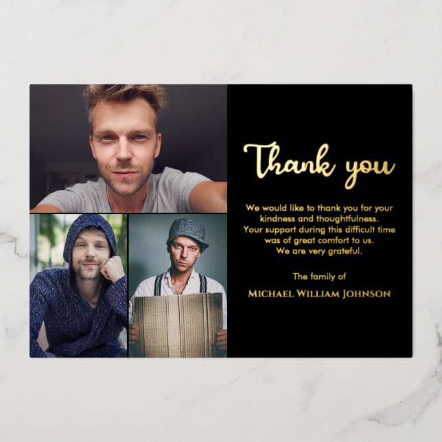 Invitation En Aluminium Mémorial funéraire unique 3 photos en collage noir (Recto)