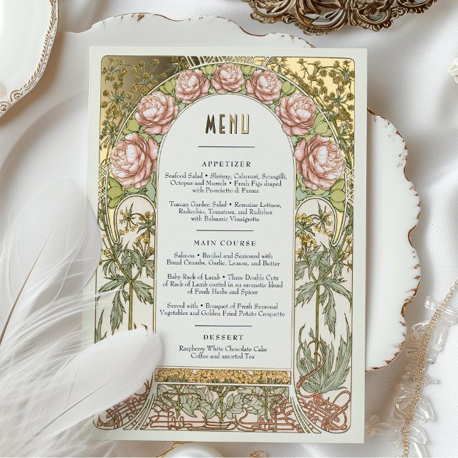Invitation En Aluminium Menu Card Peonies Gold Art Nouveau Mucha (Créateur téléchargé)
