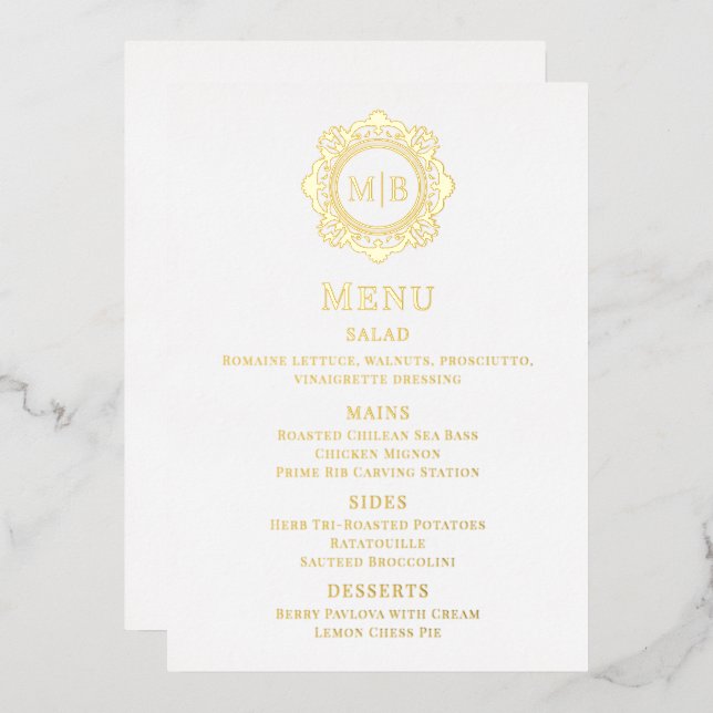 Invitation En Aluminium Menu de mariage à monogramme floral en or véritabl (Recto/Verso)