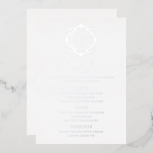 Invitation En Aluminium Menu de mariage à monogramme floral orné (Recto/Verso)