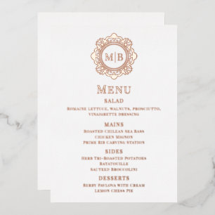 Invitation En Aluminium Menu de mariage en feuille d'or rose avec monogram