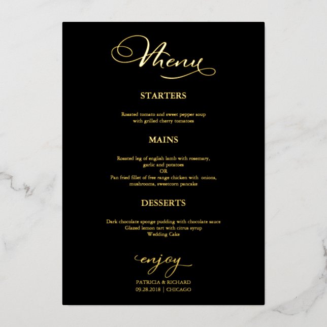 Invitation En Aluminium Menu de mariage simple élégant noir or (Recto)
