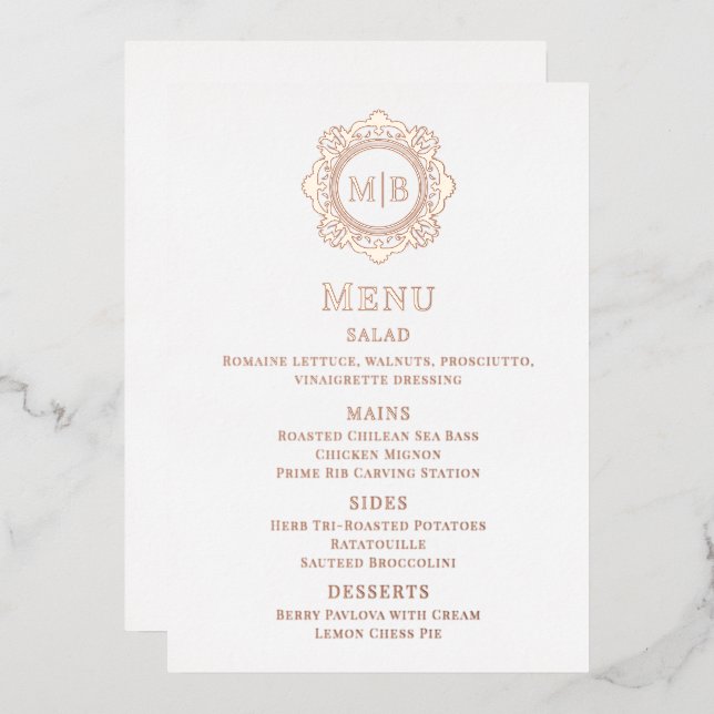 Invitation En Aluminium Menu Mariage Monogramme Floral Orné (Recto/Verso)