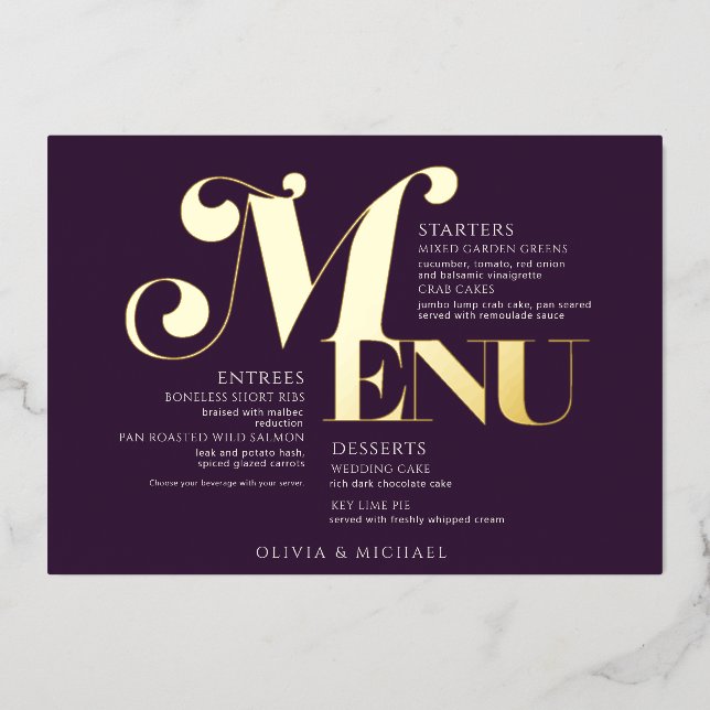 Invitation En Aluminium Menu Mariage Vintage Gold Plum (Recto)