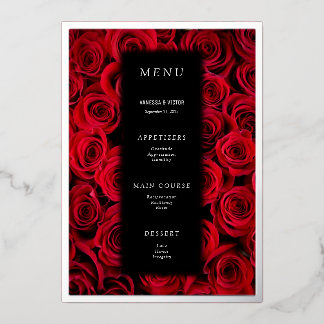 Invitation En Aluminium Menus de mariage luxe noir et roses rouges faux ar