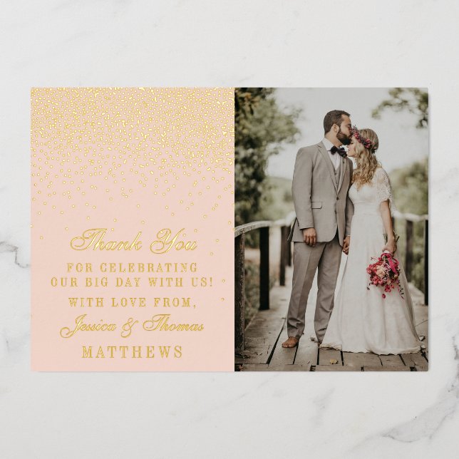 Invitation En Aluminium Merci photo Mariage rose et glam Confetti (Recto)