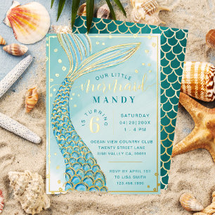 Invitation En Aluminium Mermaid Tail Under the Sea Aqua & Gold Birthday