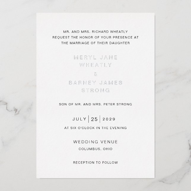 Invitation En Aluminium Meryl Elegant Mariage moderne (Recto)