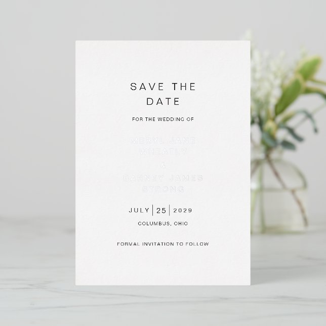 Invitation En Aluminium Meryl Elegant Mariage moderne Enregistrer la date (Debout devant)